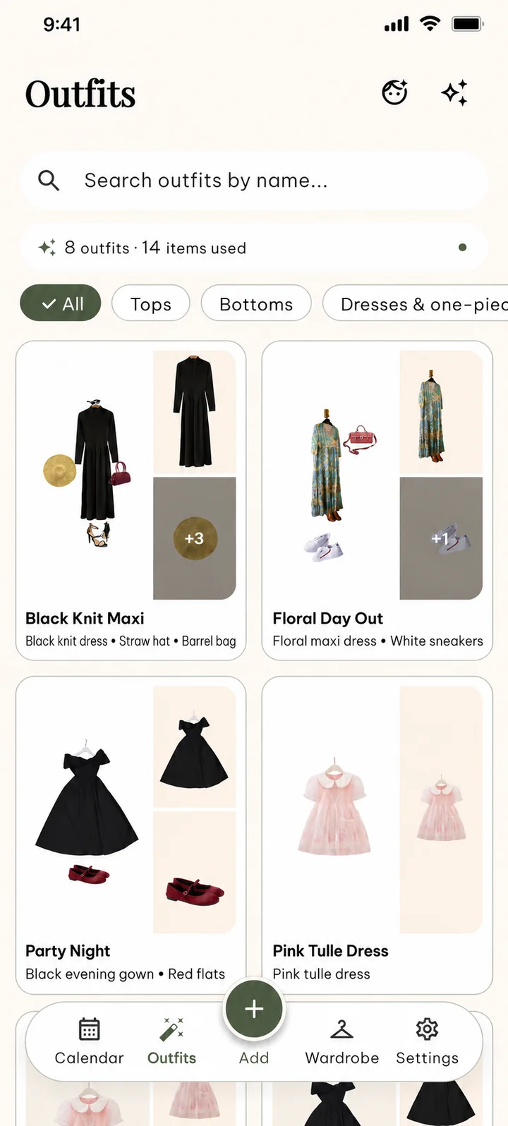 Saved outfits grid