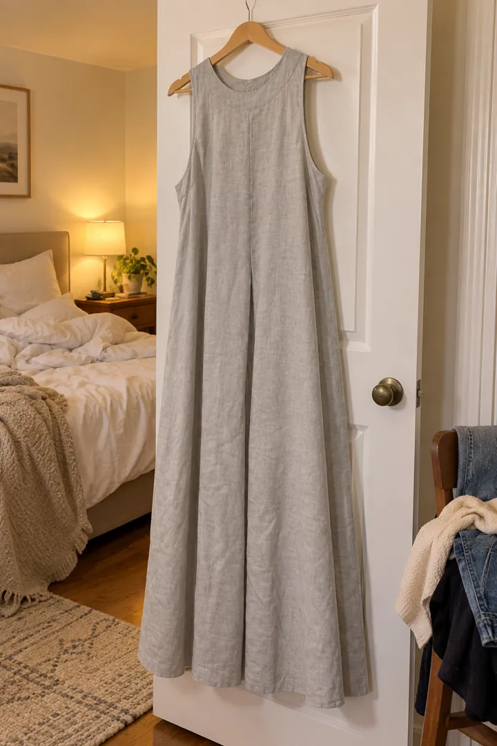 Phone photo of a linen dress hanging on a bedroom door