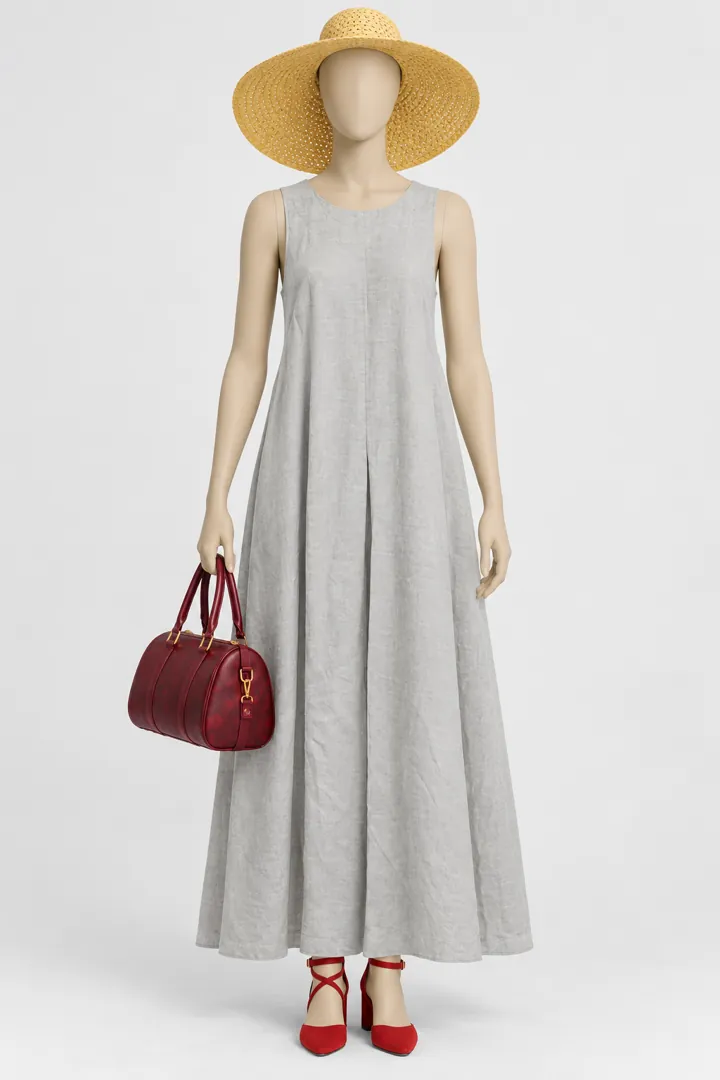 Mannequin wearing the linen dress, straw hat, bag and heels